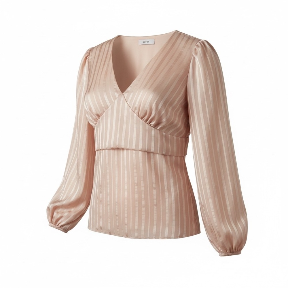 DO+BE Rose Gold Striped V Neck‎ Long Sleeve Ruched Blouse Top XL